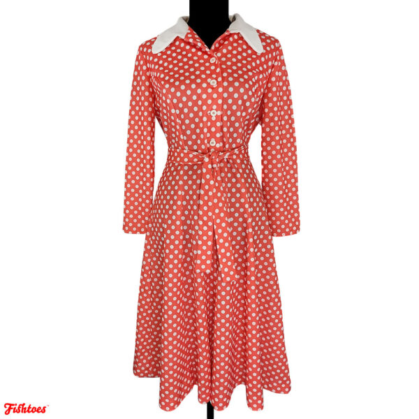 Vintage Orange White Polka Dot Collared Long Sleeve Belted 50's Dress Women's Small Thrift Fishtoes