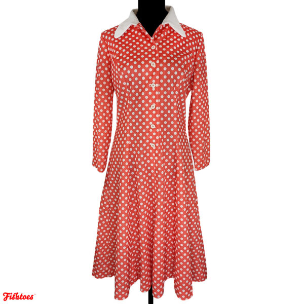 Vintage Orange White Polka Dot Collared Long Sleeve Belted 50's I Love Lucy Dress Women's Small