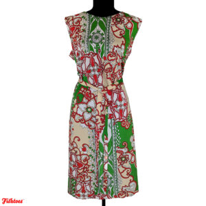 Vintage 60's Red White Green Patterned Belted Sleeveless Dress Women's Medium Thrift Fishtoes