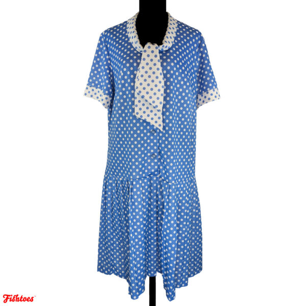 Vintage Susan Sharpe Baby Blue White Polka Dot Button Up Short Sleeve Dress Lavalliere Dress Women's Large Thrift Fishtoes