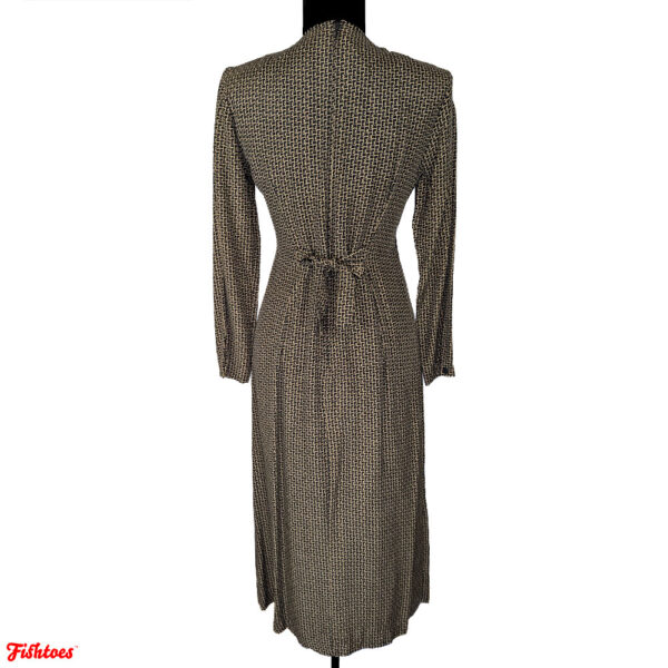 Vintage Tan Brown Black Square Patterned Long Sleeve Dress Women's XS