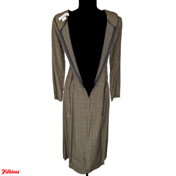 Vintage Tan Brown Black Square Patterned Long Sleeve Zip Up Dress Women's XS