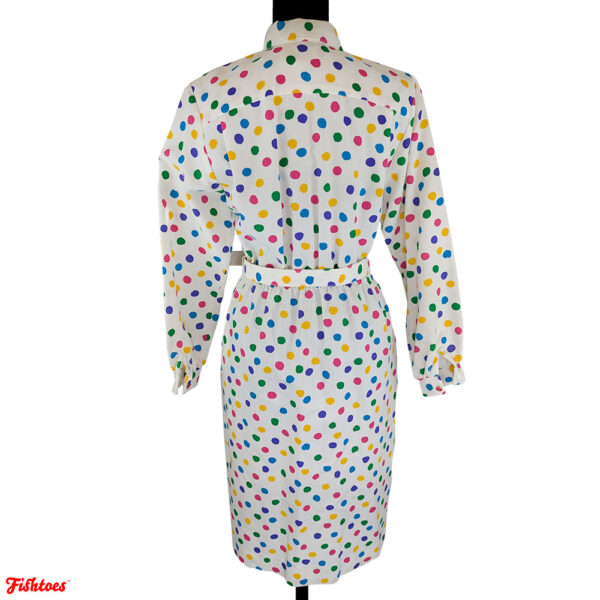 Vintage White Rainbow Polka Dots Corduroy Long Sleeve Pocket Collared Button Up Short Dress Size 8 Small