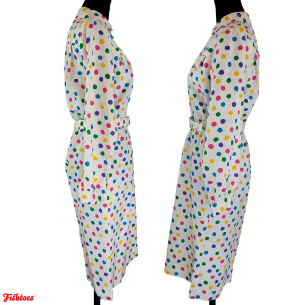 Vintage White Rainbow Polka Dots Corduroy Long Sleeve Pocket Collared Button Up Short Dress Size 8 Small Thrift Fishtoes