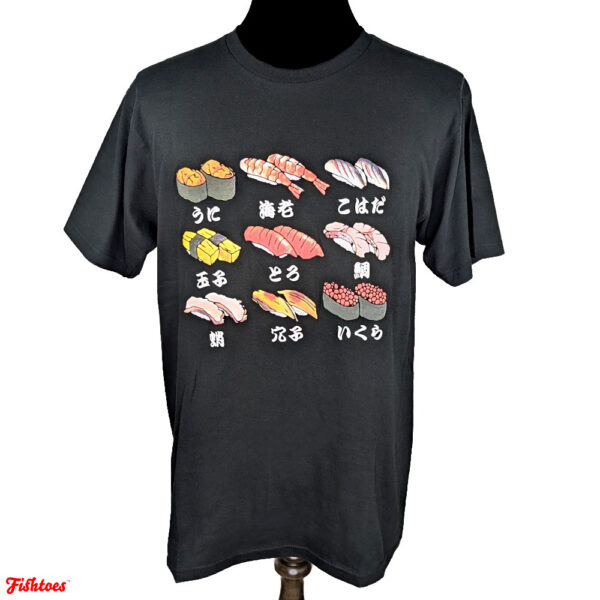 Japan Japanese 3D Art Sushi Sashimi Nigiri Printed T-Shirt Black Men's Large Thrift Fishtoes