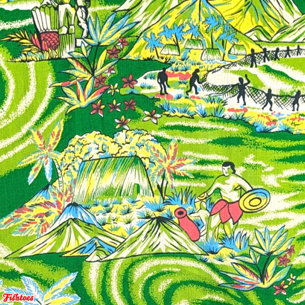 Vintage Hawaiian Hawaii Scene Fabric Green