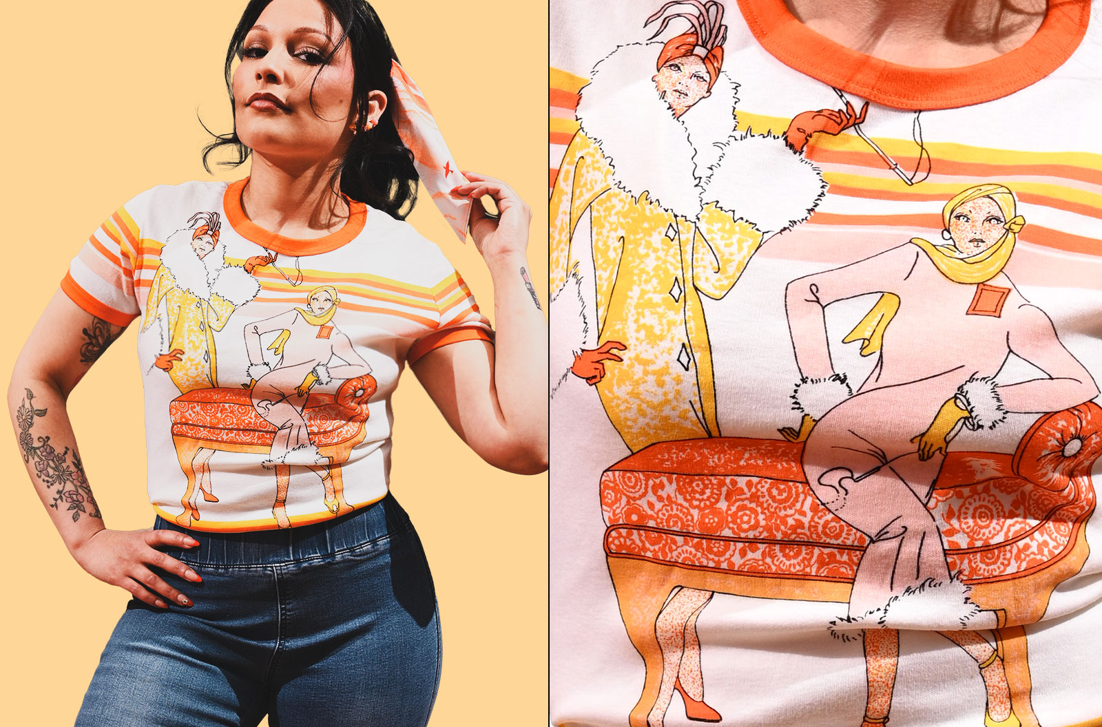 Vintage 60s 70s Tshirt Women Drawing
